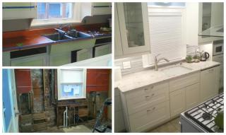 Before, during and after photos of a remodeled kitchen.